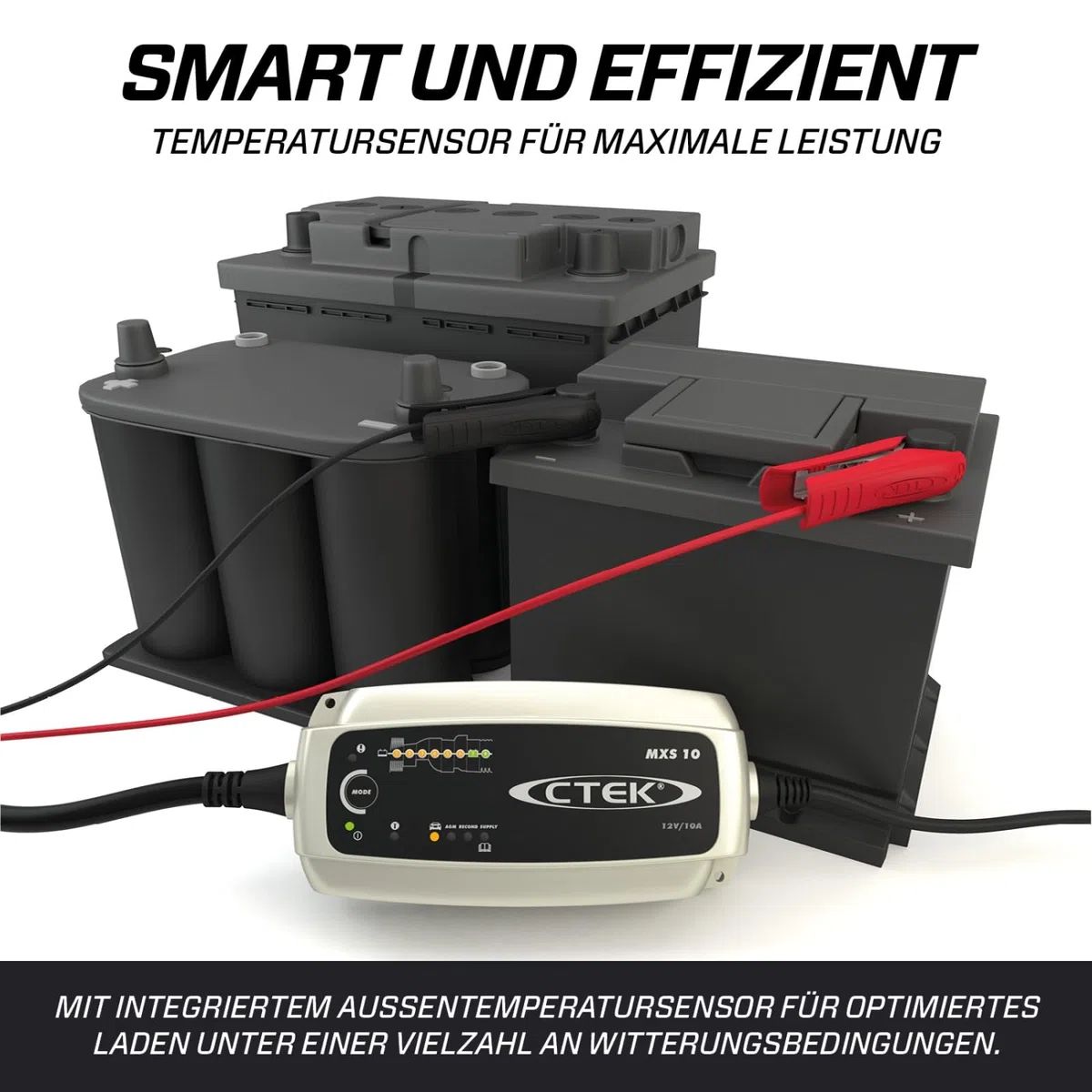 CTEK MXS 10 Batterieladegerät für Größere Fahrzeugbatterien, Batterieladegerät Boot, Wohnwagen, Schwarz, Silber, Rot