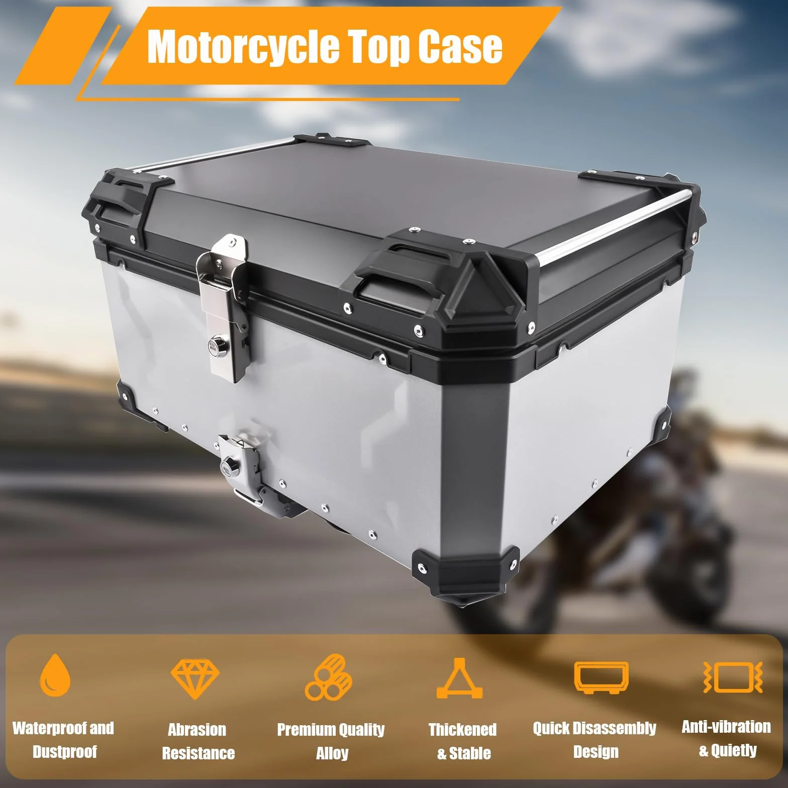 65L Motorrad Topcase, Wasserdicht Motorrad Top Box Topcase Roller Koffer mit Sicherheitsschloss, Motorradkoffer mit InstallierenTrägerplatte (Silber)