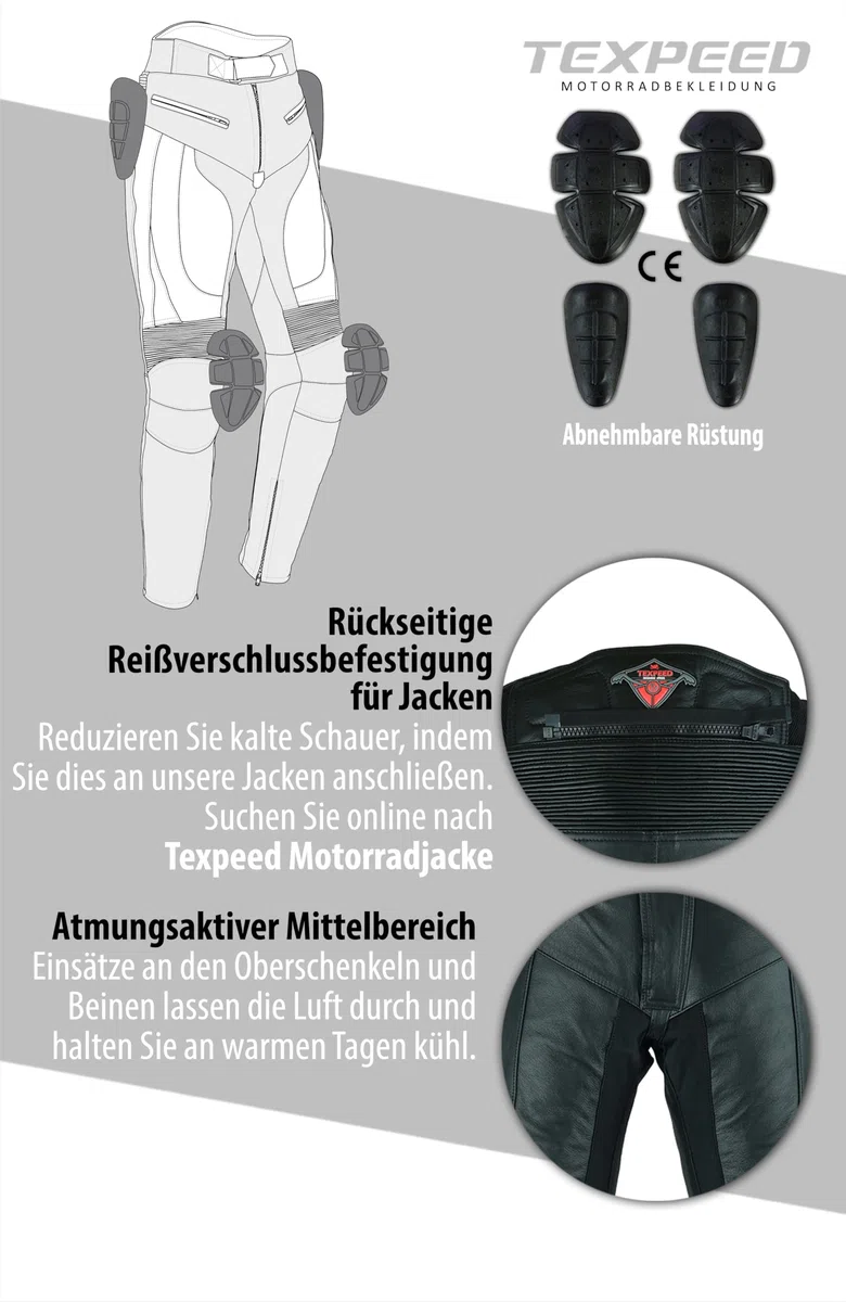 Texpeed motorradhose leder wasserdicht herren mit protektoren - Schwarz Vollnarbiges Lederhose echtleder mit rüstung (EN 1621-1) Biker gepanzerte - 4XL Taille/Regülar Bein
