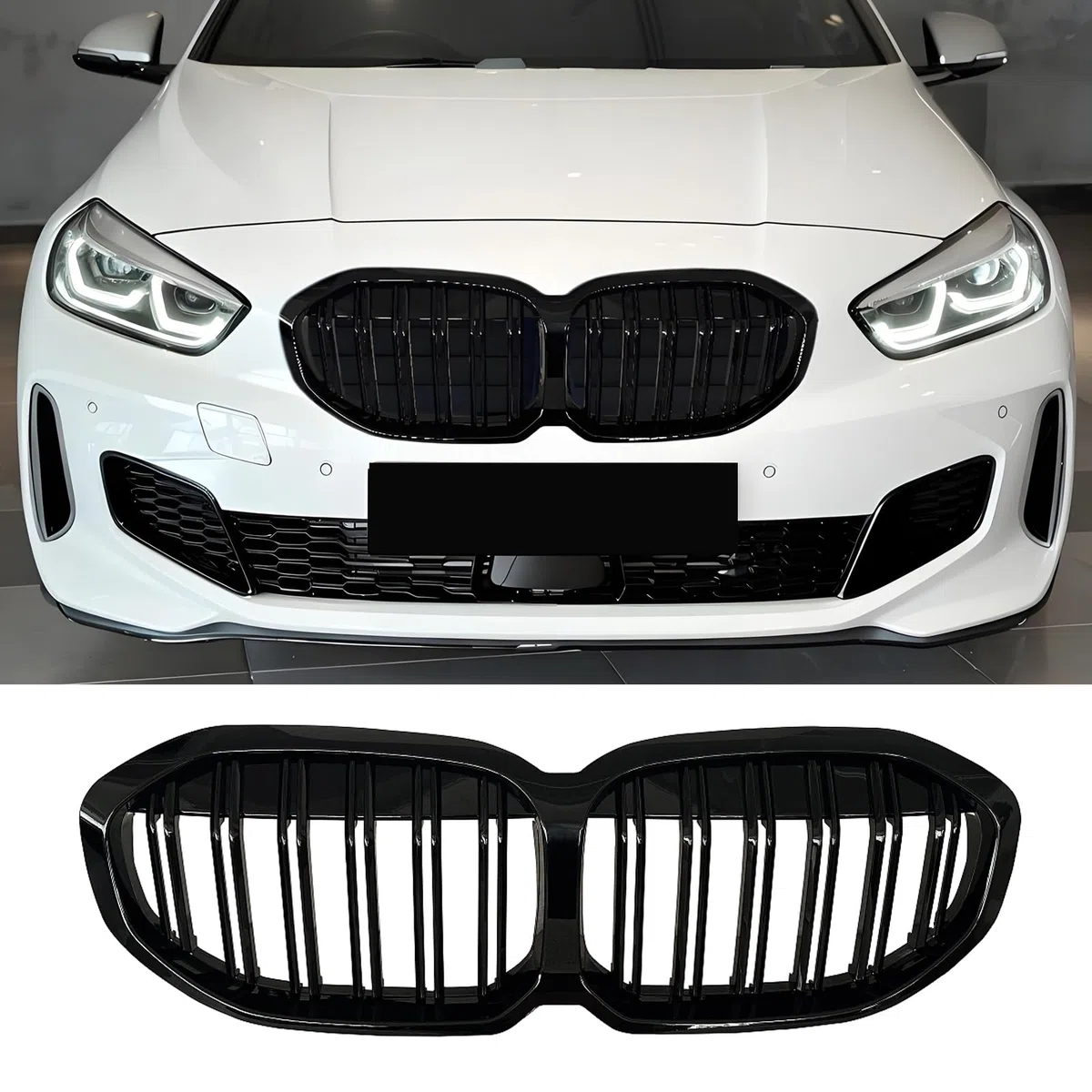 F40 Nieren Schwarz Kühlergrill Streifen passend für BMW 1er F40 Grill Nieren Doppellamellen Sport Glanz Schwarz 2019 2020 2021 2022 2023 2024(For 1er F40 2019-2024)