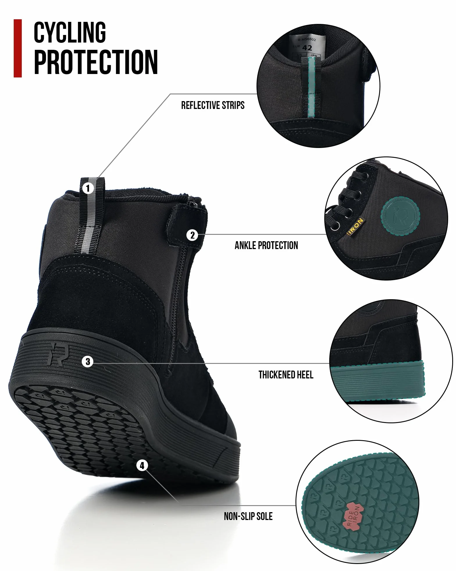 RIDEIRON Motorradschuhe Herren Damen Motorradstiefel CE-geprüft,rutschfeste,verstärkte verdickte Sohle, wasserdicht atmungsaktiv bequem mit seitlichen Reißverschlüssen und Knöchelstütze Schwarz 43