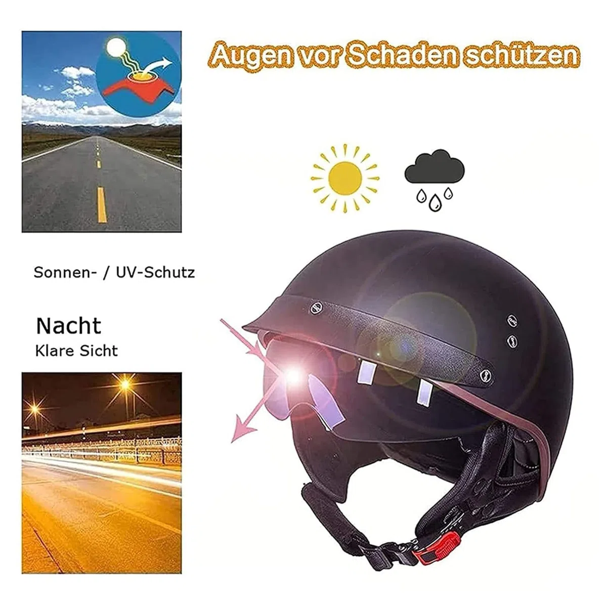 Halbschalenhelm mit ECE Motorradhelm Herren Damen Brain Cap Retro Motorrad Jethelm Halbhelm Halbschale Helm Rollerhelm Chopper Scooter Helm Sturzhelm mit Visier