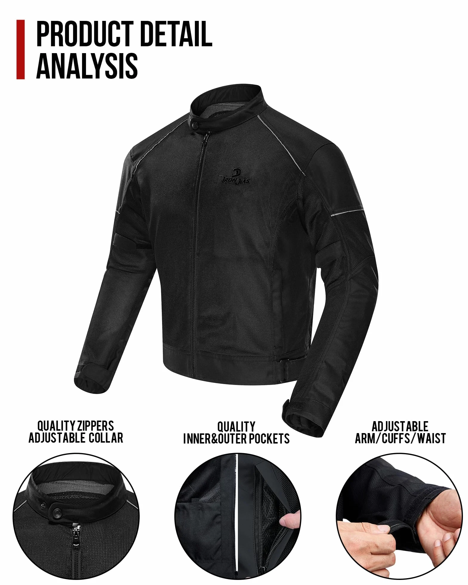 IRON JIA’S Motorradjacke Herren Abnehmbare Zertifizierte Motorradprotektoren Sommer Reiten Mesh atmungsaktiv komfortabel Herren Biker Jacke Schwarz-L