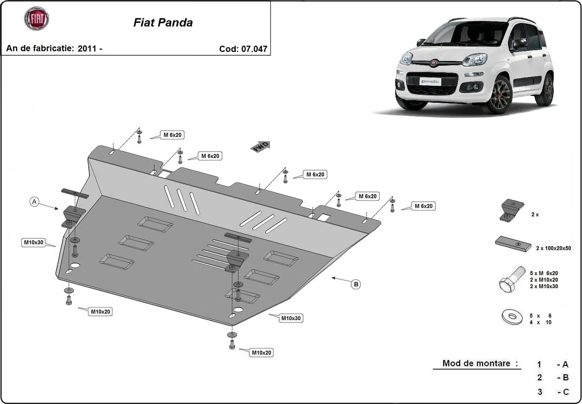 Motor-Unterbodenschutz kompatibel mit Fiat Panda 4 x 4 - (2011-2025)