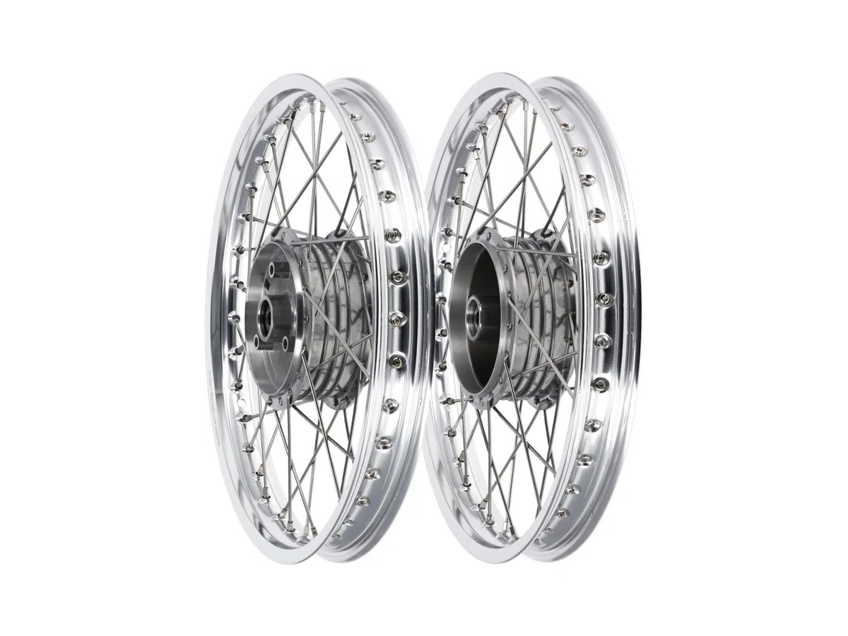 Set: 2x Speichenrad 1,5 x 16" Alufelge poliert + Edelstahlspeichen - für Si