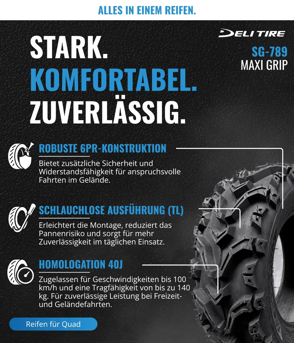 ATV Quad Reifen 24x8-12 SG-789 Maxi Grip 6PR TL 40J | Ganzjahresreifen für Quad/ATV. Naturkautschuk-Mischung: lange Haltbarkeit, gutes Fahrverhalten. TL, 6PR, 40J.