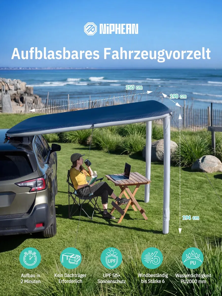 Niphean Auto Markise für SUV, Pickup & Van, 2-Min-Aufbau, Kein Dachträger Nötig, Aufblasbares Sonnensegel Wohnwagen 250 x 198 cm, Wasserdicht, UV50+, Windstabil Fahrzeug Markise