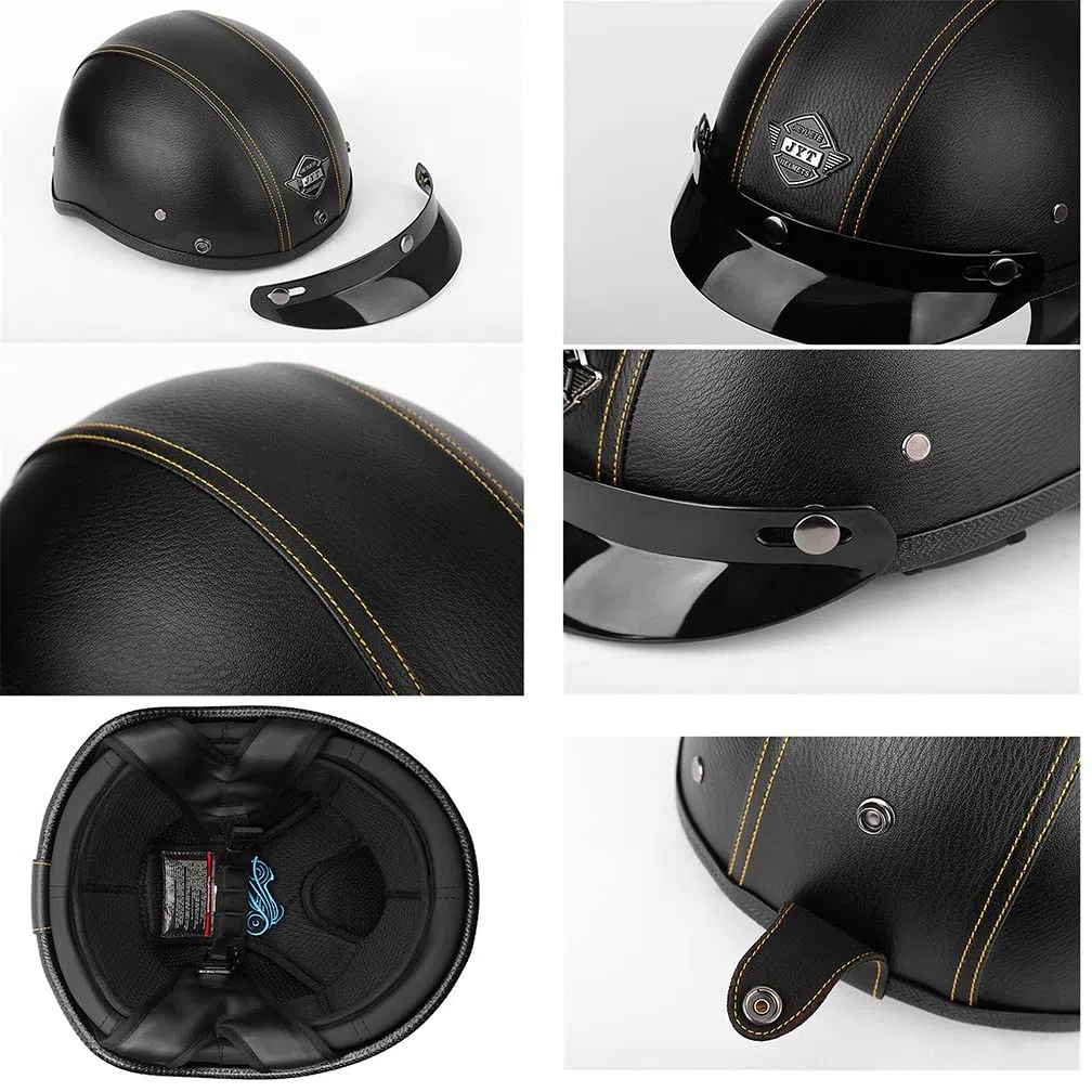 Halbhelme Motorradhelm, Pu-Leder Half Helm Mit Schutzbrille, DOT/ECE-Zulassung Retro Halbschalenhelm, Mit Visier Schnellverschluss，Motorradhelm Halbschalenhelm Mit ECE