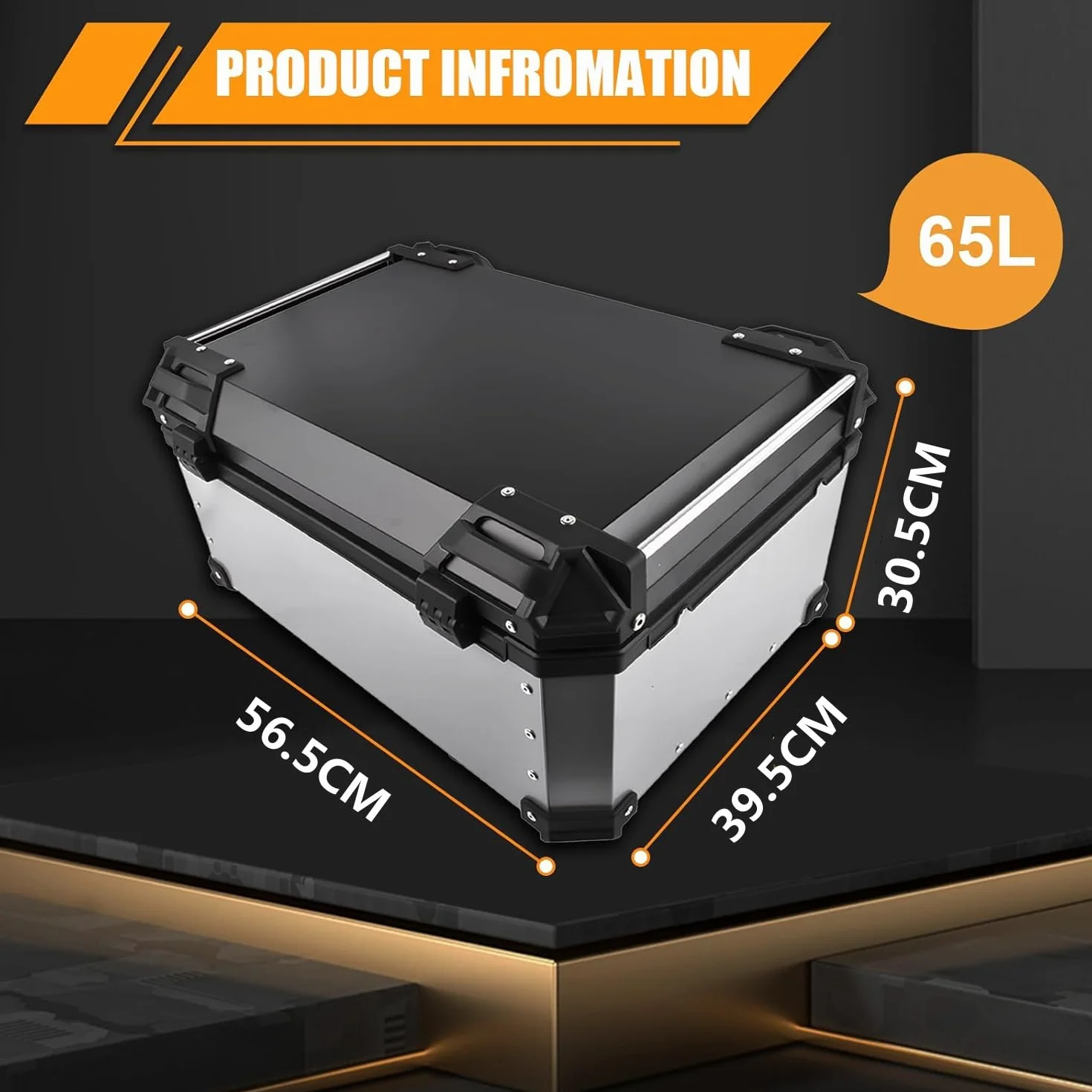 65L Motorrad Topcase, Wasserdicht Motorrad Top Box Topcase Roller Koffer mit Sicherheitsschloss, Motorradkoffer mit InstallierenTrägerplatte (Silber)