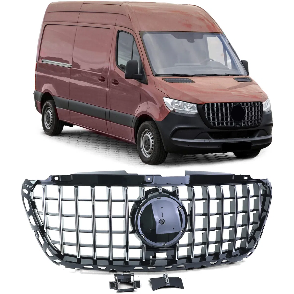 Sport Kühlergrill Schwarz Glanz Chrom für Mercedes Sprinter W907 910 ab 18