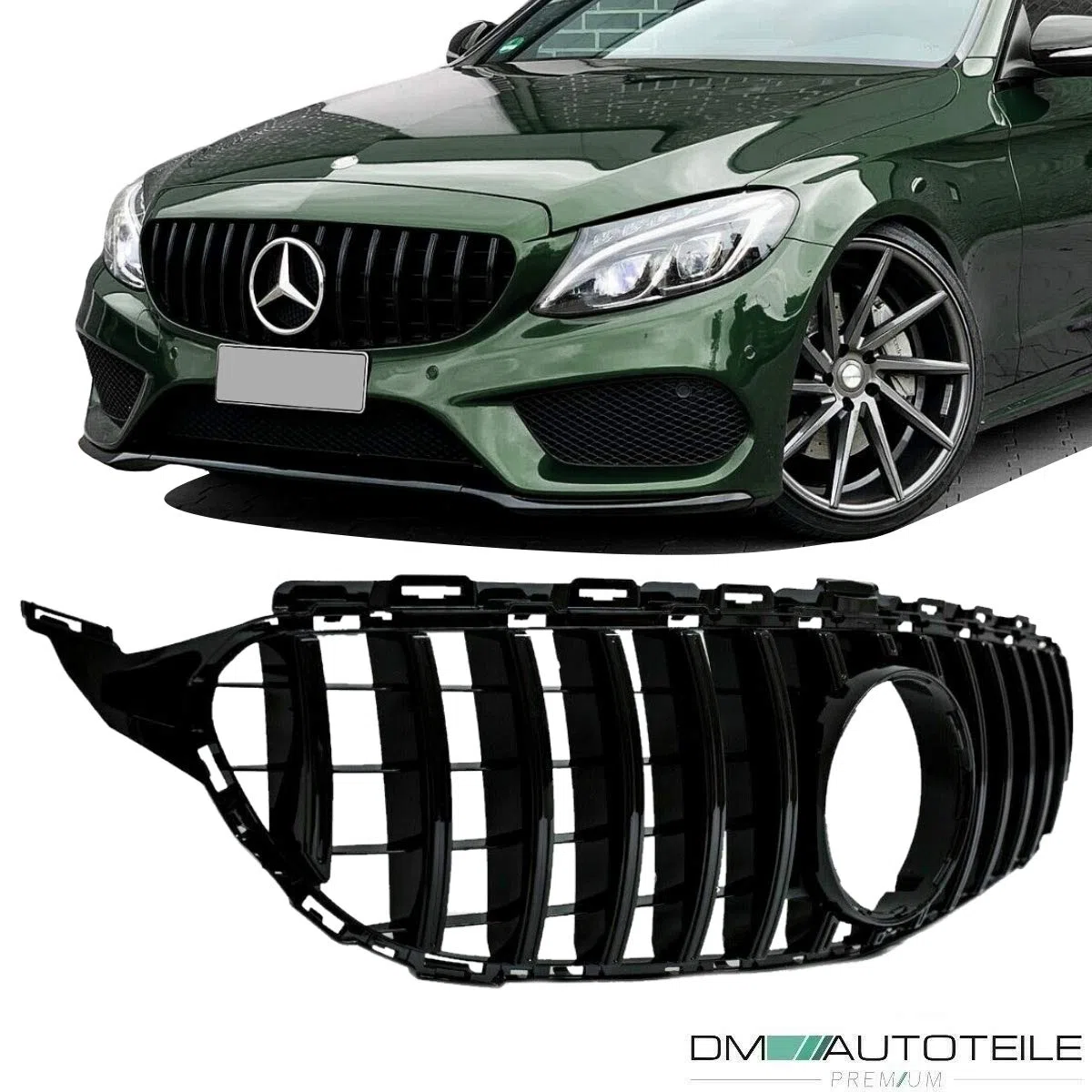 DM Autoteile 2227 Kühlergrill Grill Schwarz Glanz kompatibel für Mercedes C Klasse W205 S205 14-18 auf Sport-Panamericana GT