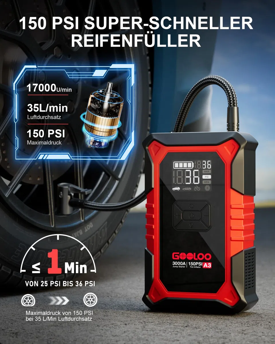 GOOLOO A3 Starthilfe Powerbank mit Kompressor, 3000A 150PSI Spitzenstrom Starter Powerbank für 12V Fahrzeuge(Bis zu 9.0L Benzin/6.5L Diesel), Tragbare Auto Starthilfe mit Digitale und LED