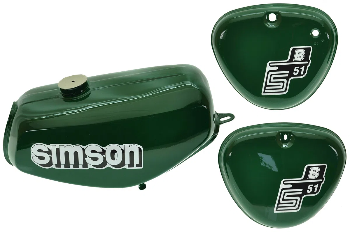 Tank Set mit Seitendeckel S51 S70 Billardgrün, versiegelt, mit Aufkleber Simson
