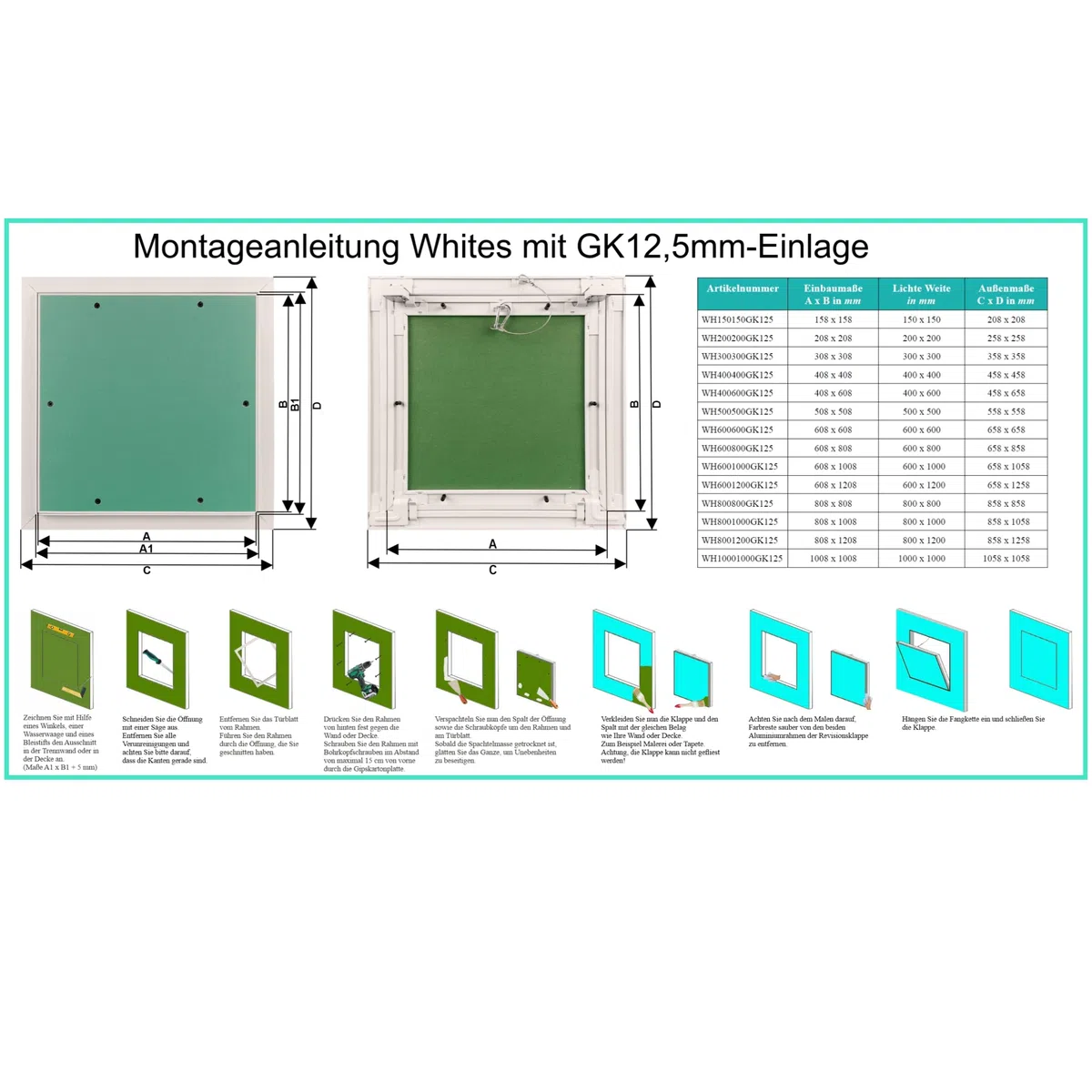 Revisionsklappe The White Edition 800 x 1200 mm mit 12,5 mm GK-Einlage für die Montage an einer Gipskartondecke oder -wand