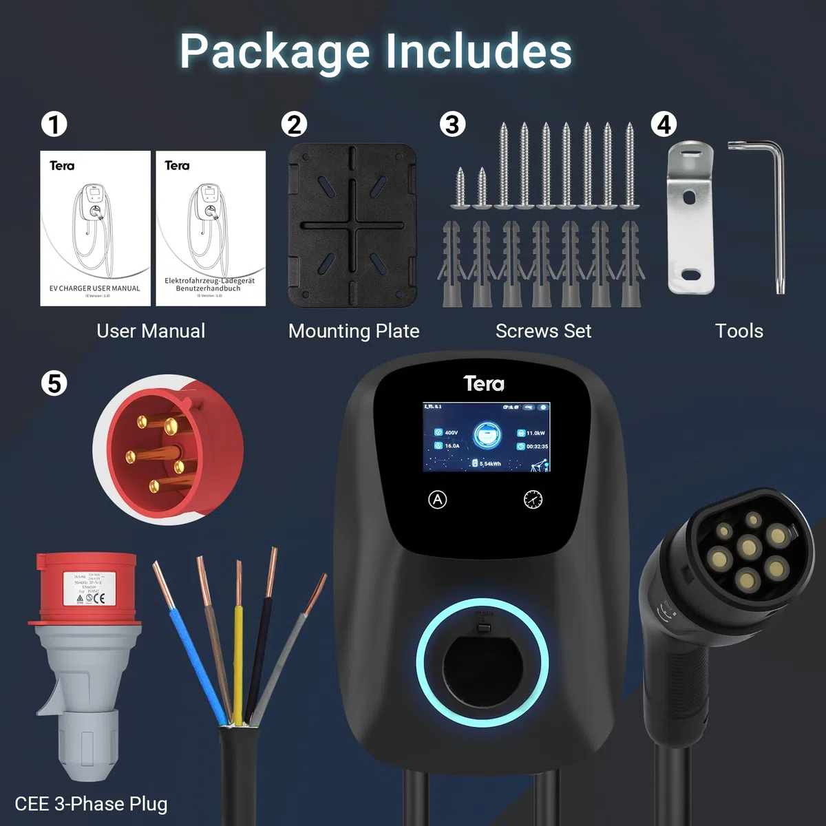 Tera Smart EV Ladegerät Typ 2 Wallbox mit APP 11kW 16A 400V CE&TÜV mit Wlan & Bluetooth 7m Ladekabel mit Ladegerätehalter Heim Wallbox CEE 3-Phasen Stecker für EVs & PHEV W01 Schwarz