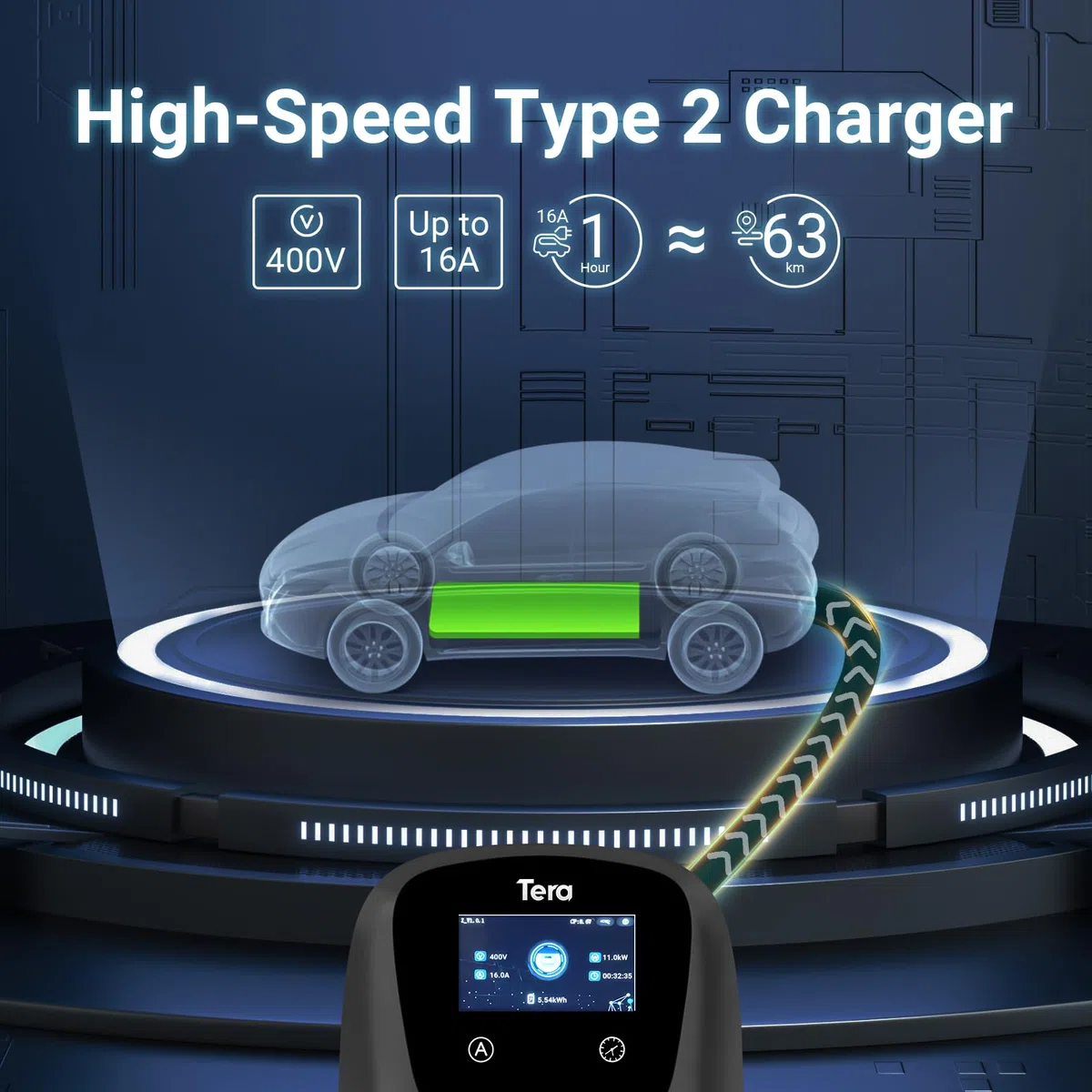 Tera Smart EV Ladegerät Typ 2 Wallbox mit APP 11kW 16A 400V CE&TÜV mit Wlan & Bluetooth 7m Ladekabel mit Ladegerätehalter Heim Wallbox CEE 3-Phasen Stecker für EVs & PHEV W01 Schwarz