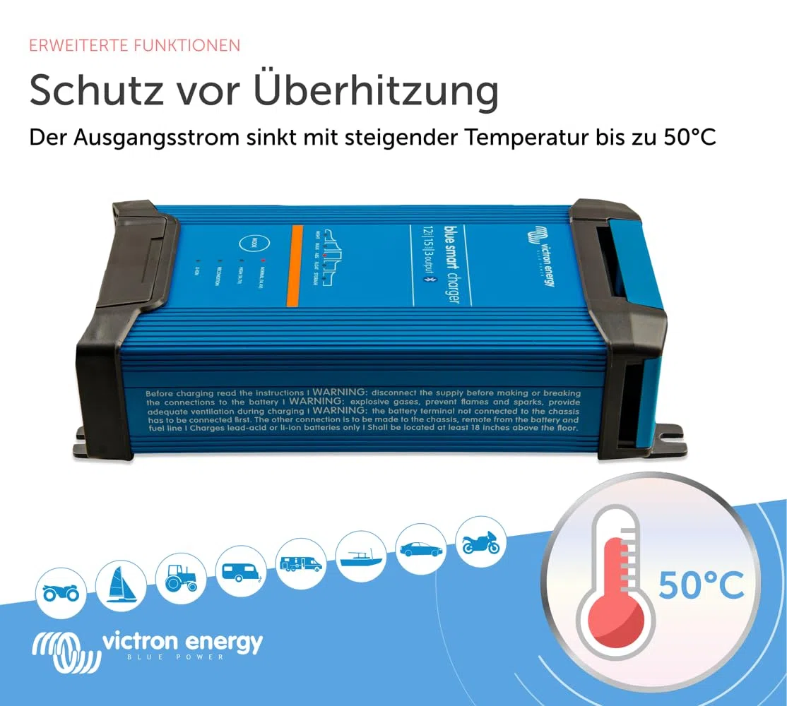 Victron Energy Blue Smart Batterie Ladegerät 12-Volt 15 Ampere 230V - Autobatterie Ladegerät - Batterieerhaltungsgerät und Desulfator - IP22 Geschützt - Bluetooth - 3 Ausgänge - CEE 7/7