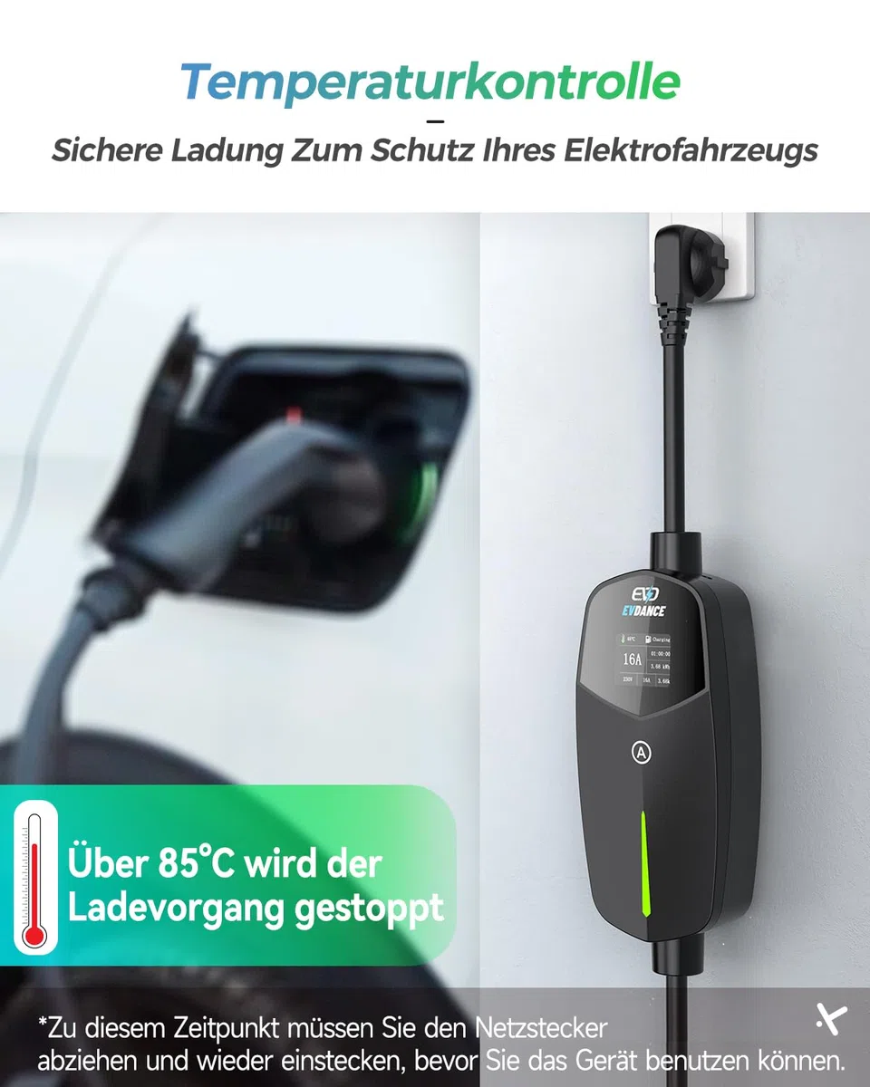 EVDANCE Typ 2 Ladekabel Schuko für Elektroauto 3,68kW[1-phasig, 6.1m, 6-16A] Ladekabel Elektroauto Typ 2 Schuko für Elektroauto & Hybrid(PHEV/EV) - Schwarz