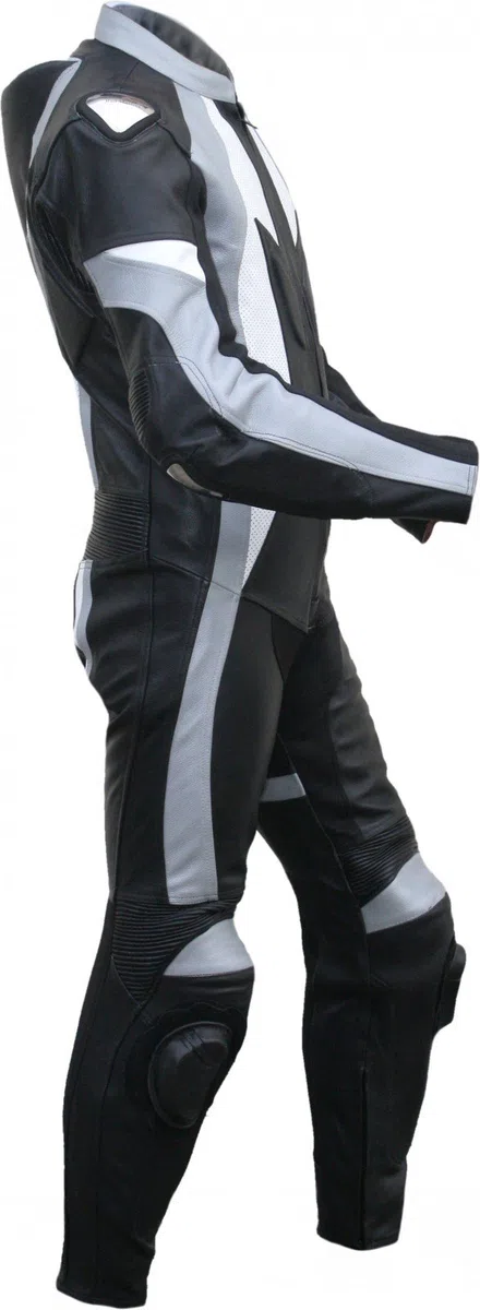 German Wear Motorradkombi Herren Lederkombi Motorrad Rennkombi aus Kalbsleder mit Rückenhöcker Protektoren an Schienbein und Unterarm Knieschleifer Atmungsaktiv Schwarz/Grau/Weiß, Größe:48
