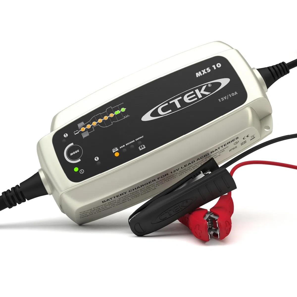 CTEK MXS 10 Batterieladegerät für Größere Fahrzeugbatterien, Batterieladegerät Boot, Wohnwagen, Schwarz, Silber, Rot