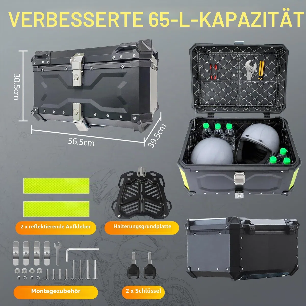 Top Case Moto 65L Universal Aluminium – Wasserdicht IP68, sicherer Heckkoffer, Diebstahlsicherung für 2 Helme, schnelle Demontage für die meisten Motorräder & Roller (schwarz)
