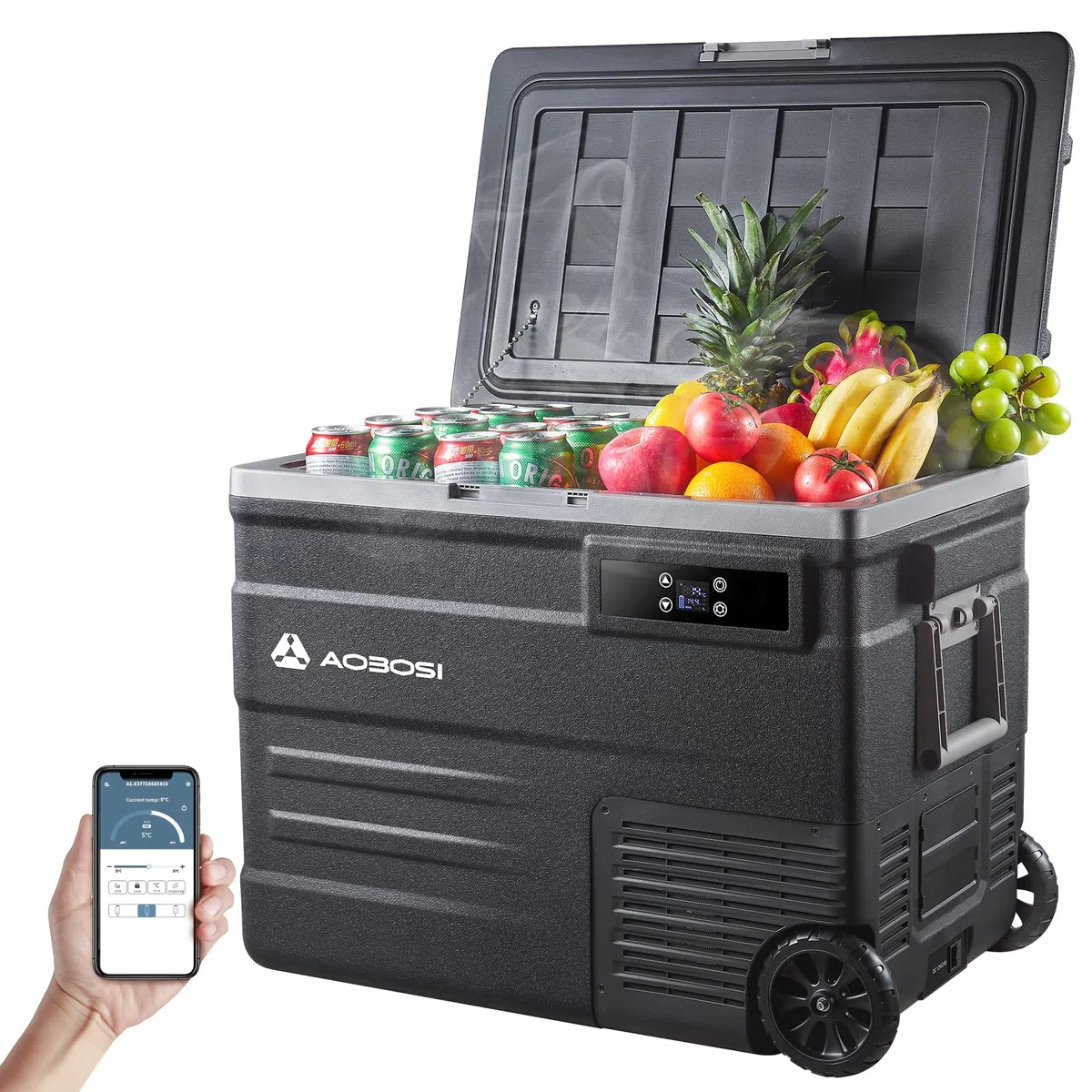 AAOBOSI 55L Kompressor Kühlbox, APP, LED, -20°C bis 20°C, 12/24V & 100-240V, mit Rädern