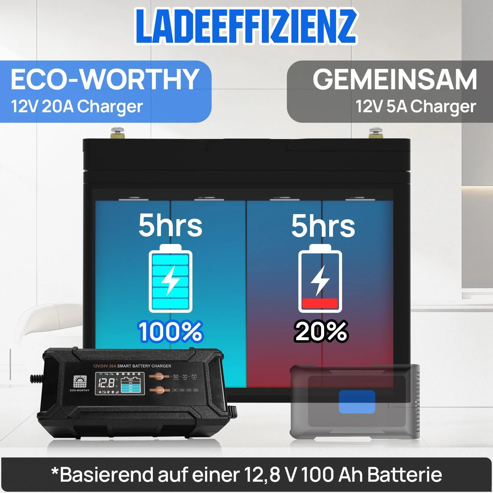 ECO-WORTHY 12V/24V 20A LiFePO4 Batterieladegerät mit Multi-Current Optionen 5A/10A/15A/20A,automatische LiFePO4 Blei-Säure Batterie Spannungserkennung für Auto LKW Motorrad Rasenmäher