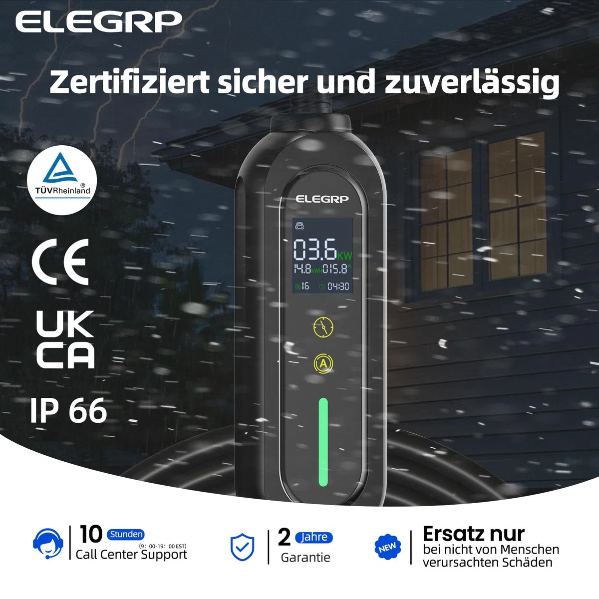 ELEGRP Typ 2 Ladekabel Schuko 7m, 3,68kW (1-phasig, 6-16A einstellbar) – Mobile Ladestation mit verzögertem Ladestart, IP66 wasserdicht, Plug & Play, kompatibel mit EVs & PHEVs (IEC 62196-2)