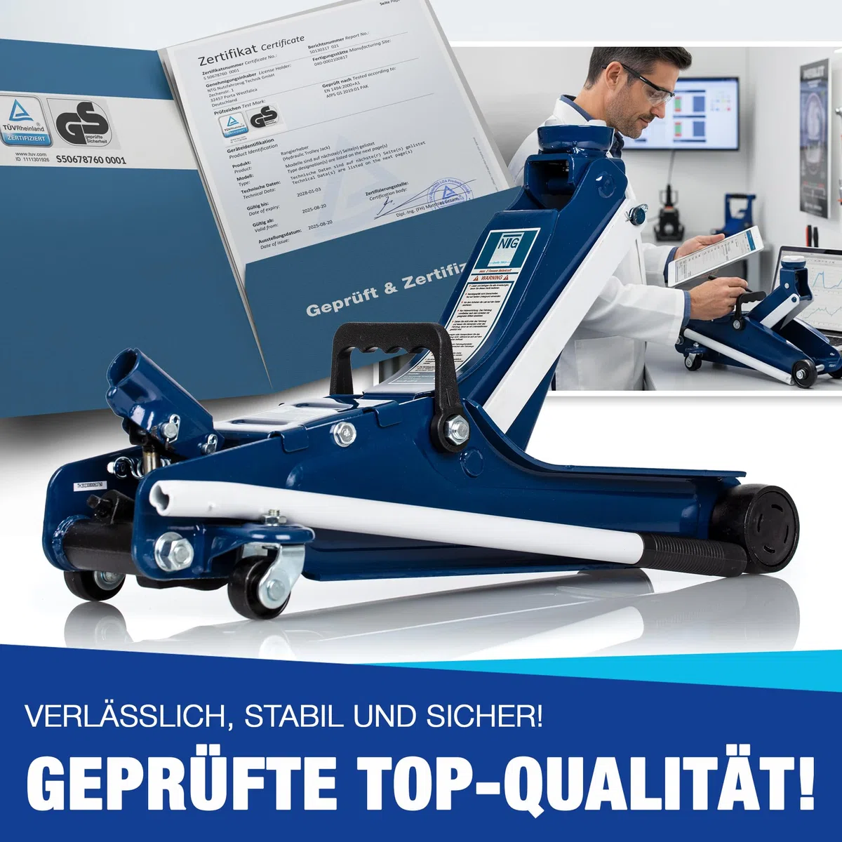 NTG HYDRAULISCHER WAGENHEBER 2T – TÜV-zertifizierter Flacher Rangierwagenheber für PKW & tiefergelegte Fahrzeuge – 85–375 mm Hubhöhe – Wagenheber Hydraulisch mit 2.000 kg Tragkraft und Gummiauflage