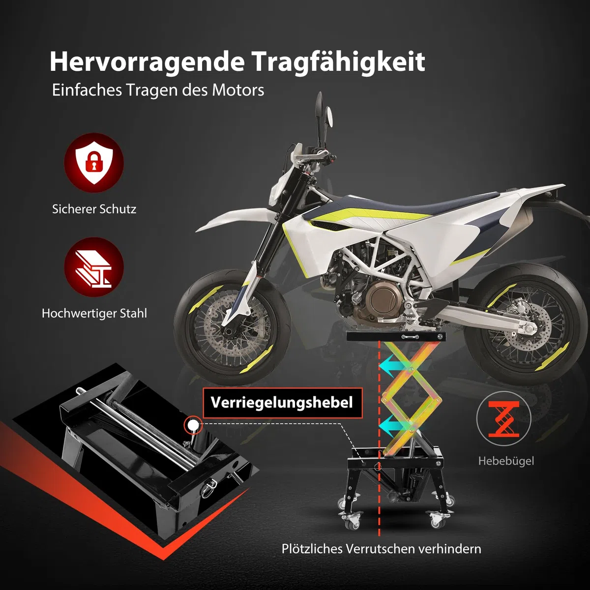 VIVOHOME Hydraulischer Motorrad-Wagenheber Motorradhebebühne bis zu 160kg mit Fußbetätigung ATV Dirtbike Scherenständer mit 4 Rädern