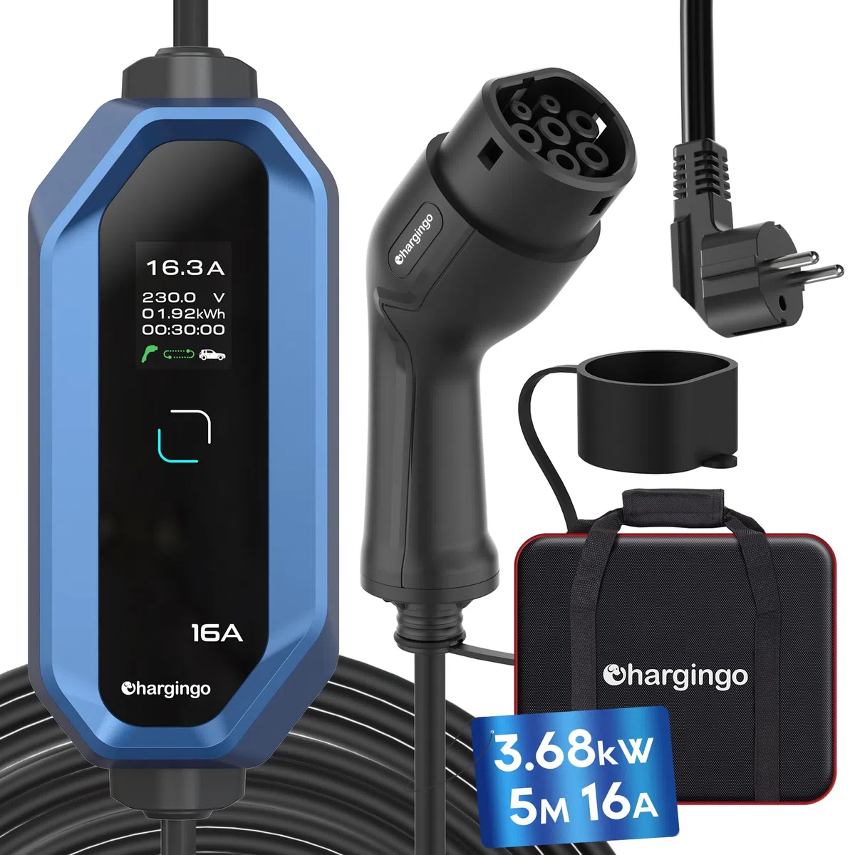 Typ 2 Ladekabel Schuko 3,68kW 6-16A Einstellbarer Strom mit LCD-Display, 5M Kabel, Tragbares EV Ladegerät für Allen Elektroautos IEC 62196-2 Typ 2 und CCS2-Stecker, IP65