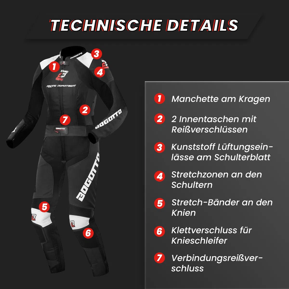 Bogotto Losail 2-Teiler Damen Motorrad Lederkombi, schwarz, 36