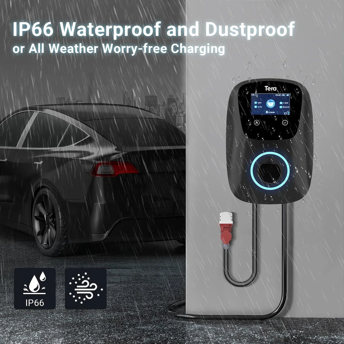 Tera Smart EV Ladegerät Typ 2 Wallbox mit APP 11kW 16A 400V CE&TÜV mit Wlan & Bluetooth 7m Ladekabel mit Ladegerätehalter Heim Wallbox CEE 3-Phasen Stecker für EVs & PHEV W01 Schwarz