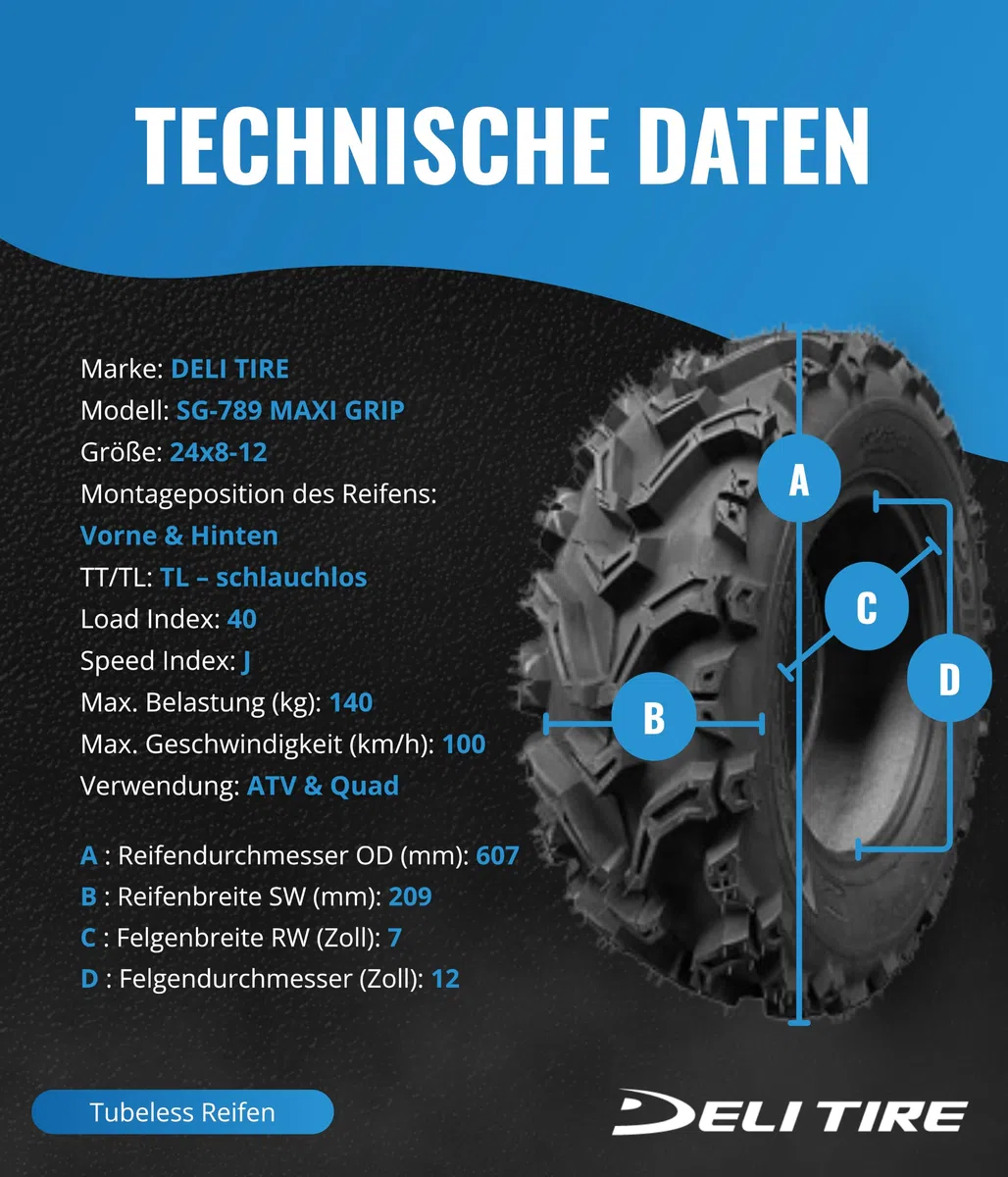 ATV Quad Reifen 24x8-12 SG-789 Maxi Grip 6PR TL 40J | Ganzjahresreifen für Quad/ATV. Naturkautschuk-Mischung: lange Haltbarkeit, gutes Fahrverhalten. TL, 6PR, 40J.