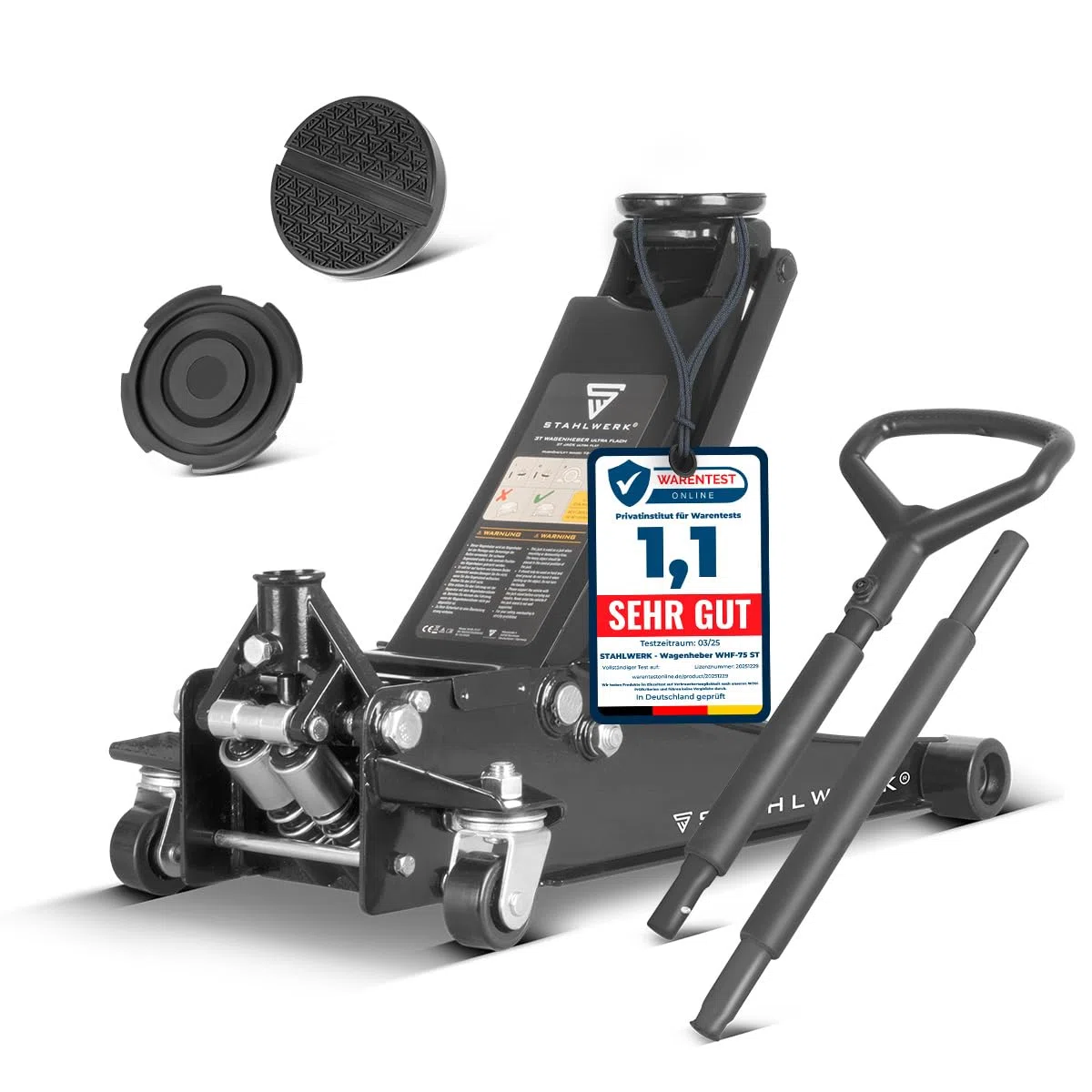 STAHLWERK Hydraulischer Wagenheber mit 3 t Tragkraft – extra flach, 73-500 mm Hubbereich, gummierte Rollen, Doppelhubkolben, Rangierwagenheber, Hydraulik-Wagenheber, schwarzer Autoheber (WHB-73 ST)