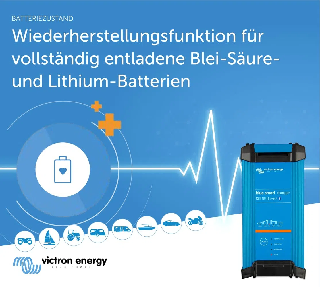 Victron Energy Blue Smart Batterie Ladegerät 12-Volt 15 Ampere 230V - Autobatterie Ladegerät - Batterieerhaltungsgerät und Desulfator - IP22 Geschützt - Bluetooth - 3 Ausgänge - CEE 7/7