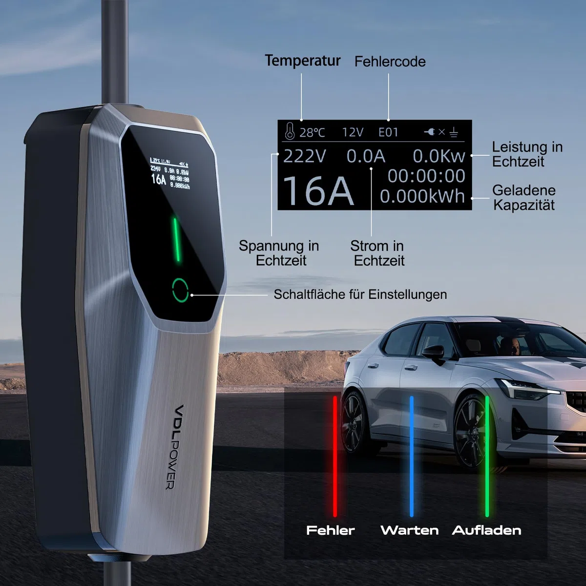 Mobile Wallbox 11kW Typ 2 Ladekabel 6-16A | 5m Mobile Ladestation 3-phasig CEE EV Ladegerät Einstellbarer Strom und Einstellung Startzeit für Allen Elektrofahrzeugen EV PHEV IEC 62196-2 VDLPOWEREU