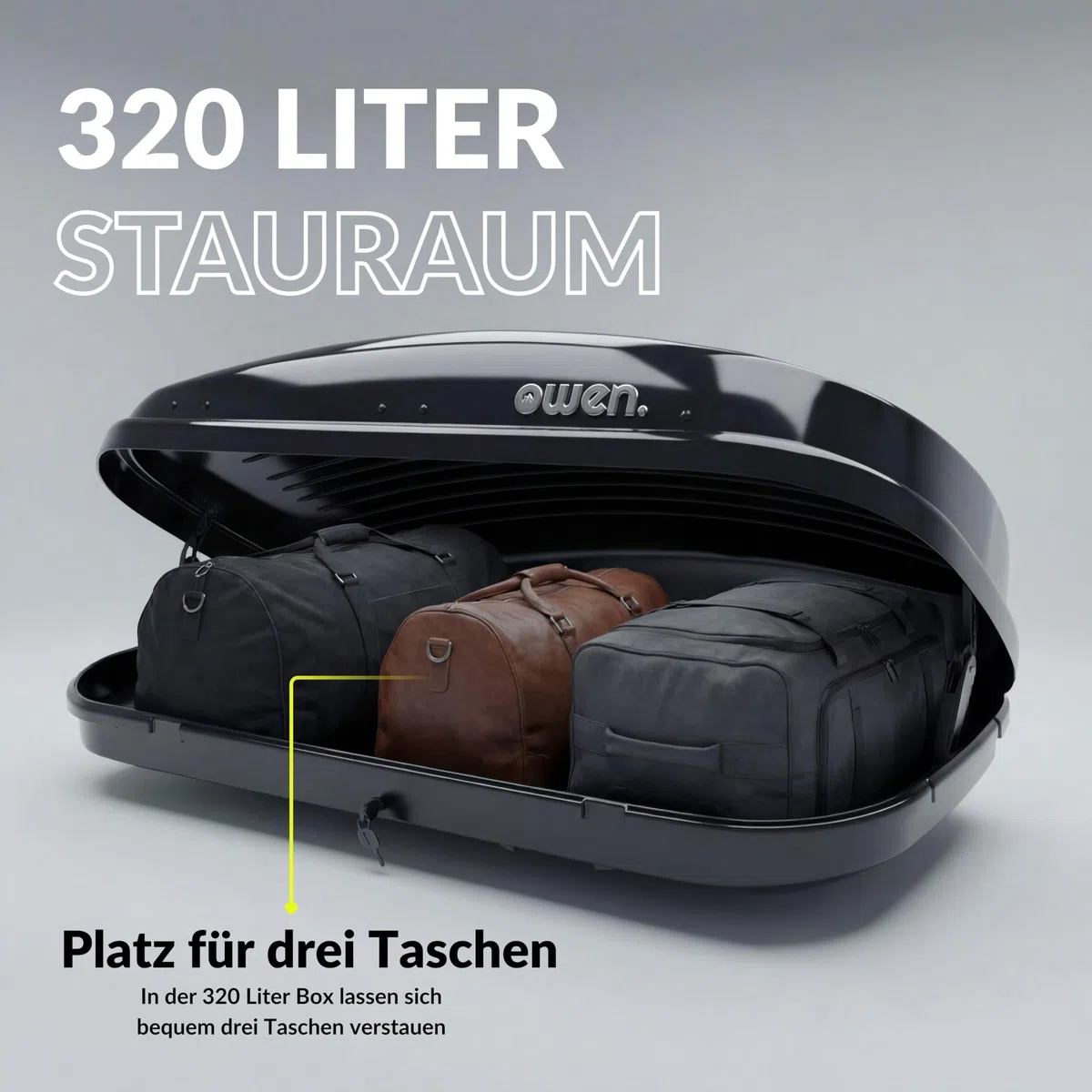 Owen Dachbox Auto 320L | 75kg Zuladung | Premium Hartschale Schwarz Glänzend | Aerodynamische Gepäckbox mit Schnellspanner (Fast Clamp) & Beidseitiger Öffnung | Robustes Material | Abschließbar