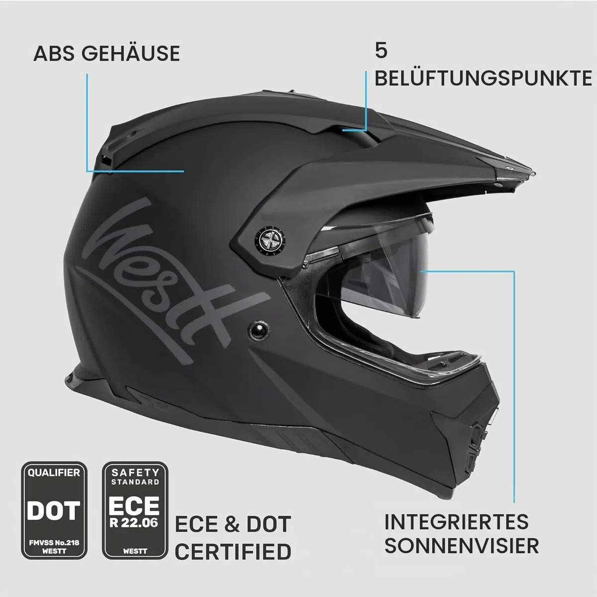 Westt Motocross Helm Integralhelm Motorradhelm ECE 22.06 geprüft – Enduro Helm mit Visier und Sonnenlende für Herren & Damen – Robuste ABS-Schale, Waschbares Innenfutter– ideal für Enduro, Stadt, MTB