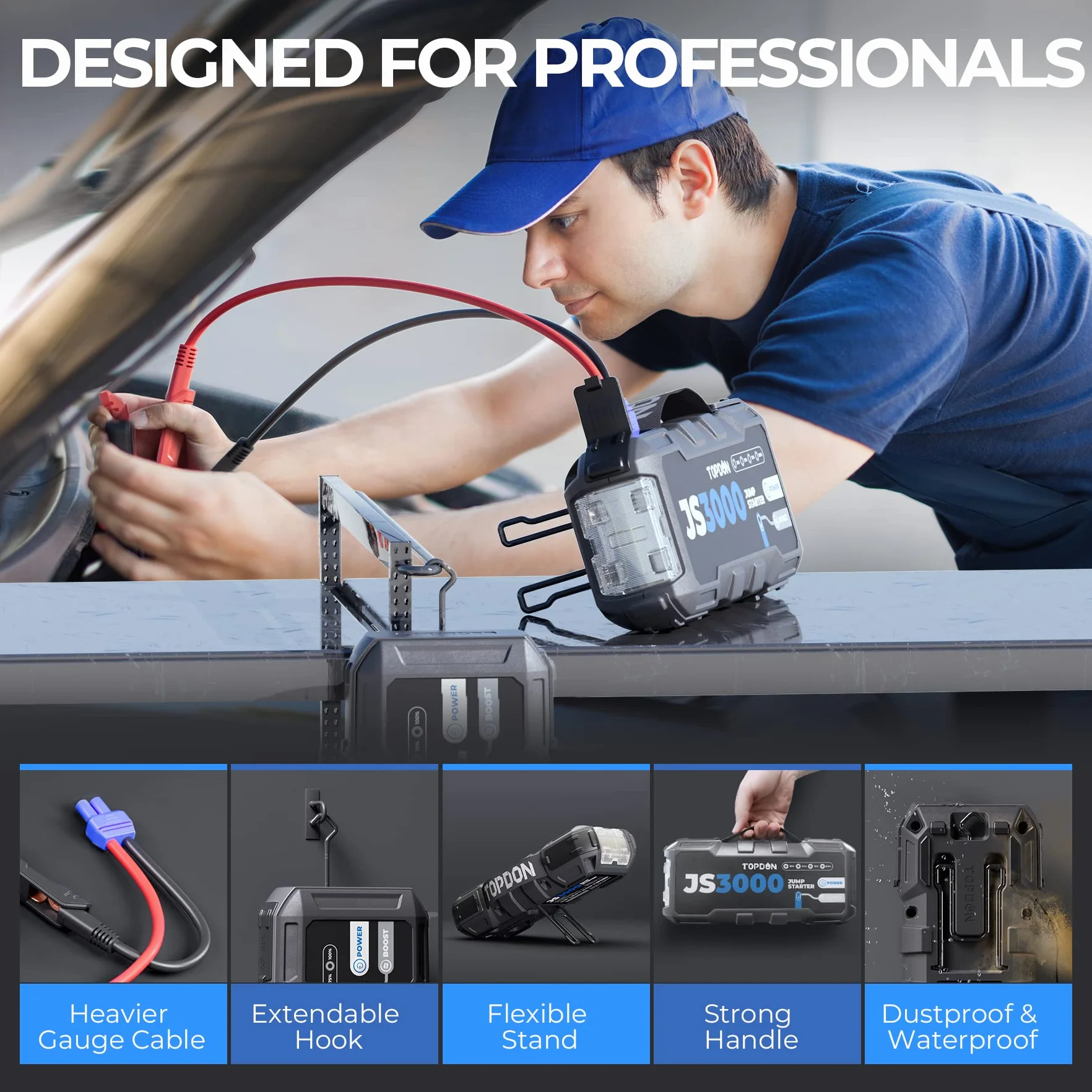 TOPDON JS3000 Starthilfe Powerbank für PKW, 3000A 24000mAh Batterie Booster Auto Starthilfe kfz für bis zu 9,0L Benzin 7,0L Diesel, 12V Car Jump Starter Power Pack mit Kabel, Eva Tasche, LED, PD 45W