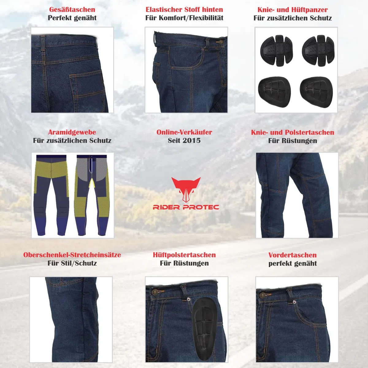 Herren Motorradhose Jeans Cargohose mit Hüft- und Knieprotektoren und schützendem Aramid-Futter Bikerhose für Rennfahrer RP-IM-GRP