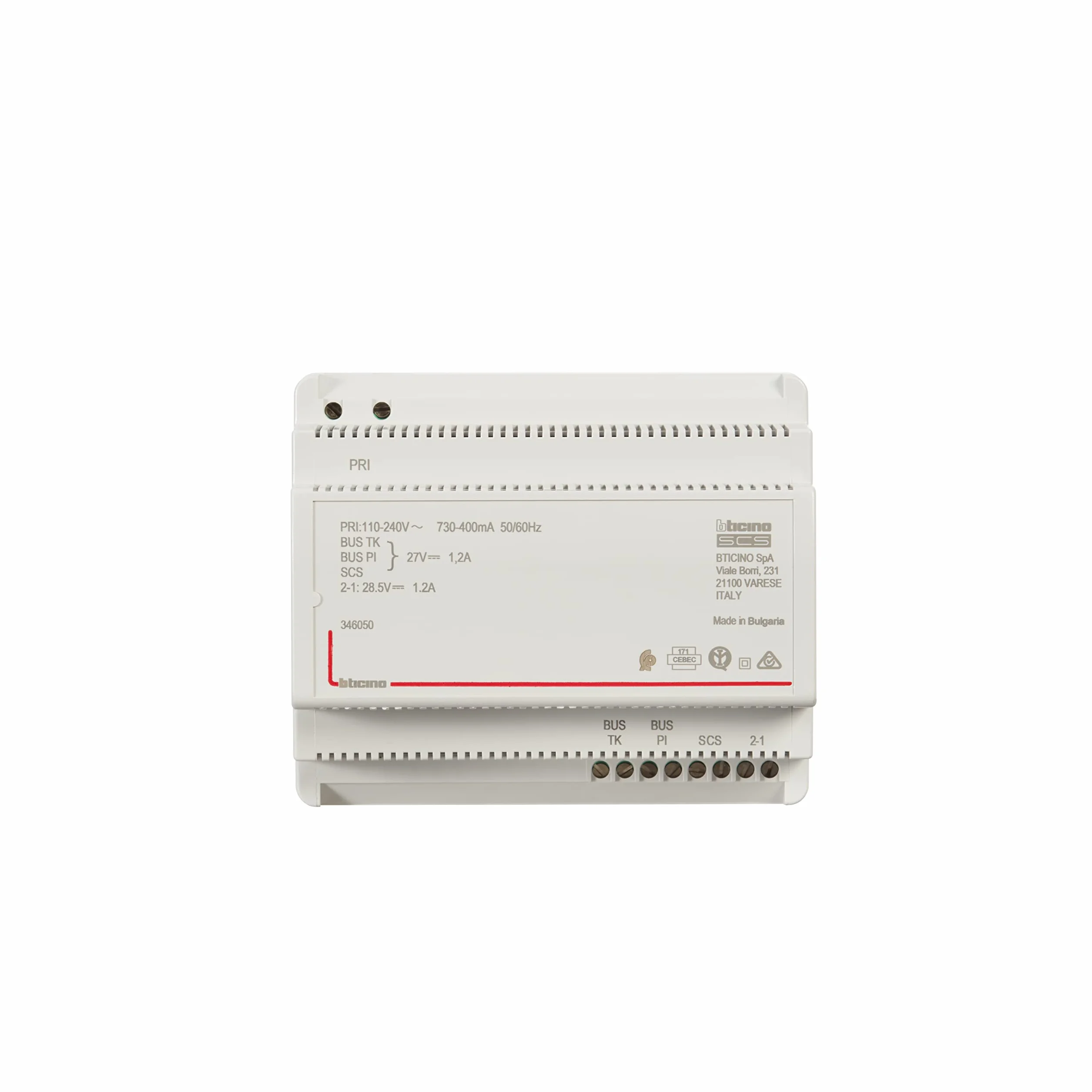 BTICINO, Reiheneinbau-Netzgerät, 2-Draht für Audio- und Video-Türsprechanlagen, integr. Videoadapter, für Verteilereinbau, Profilschiene 35mm, Eingang 230 VAC/50 Hz, 3 BUS-Anschlüsse, 6 TE DIN, 346050