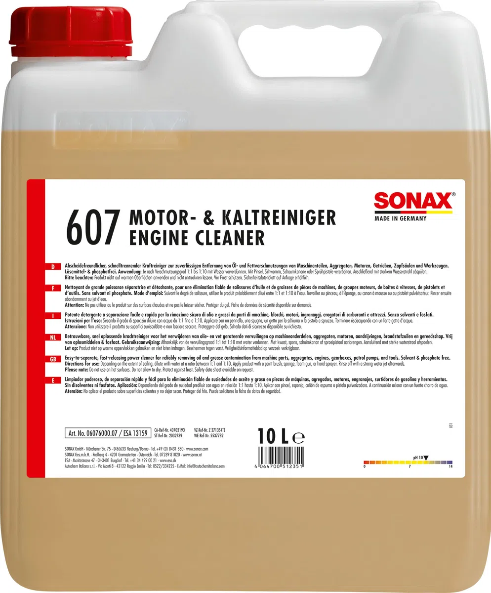 SONAX Motor+KaltReiniger (10 Liter) beseitigt schnell und zuverlässig alle Öl- und Fettverschmutzungen von Motoren, Maschinenteilen, Aggregaten und Werkzeugen | Art-Nr. 06076000