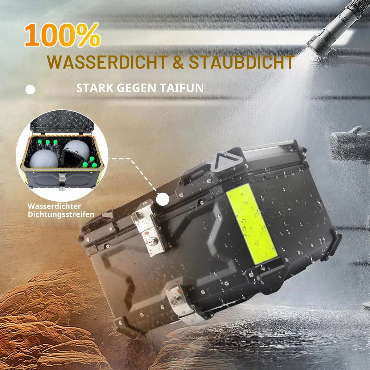 Top Case Moto 65L Universal Aluminium – Wasserdicht IP68, sicherer Heckkoffer, Diebstahlsicherung für 2 Helme, schnelle Demontage für die meisten Motorräder & Roller (schwarz)