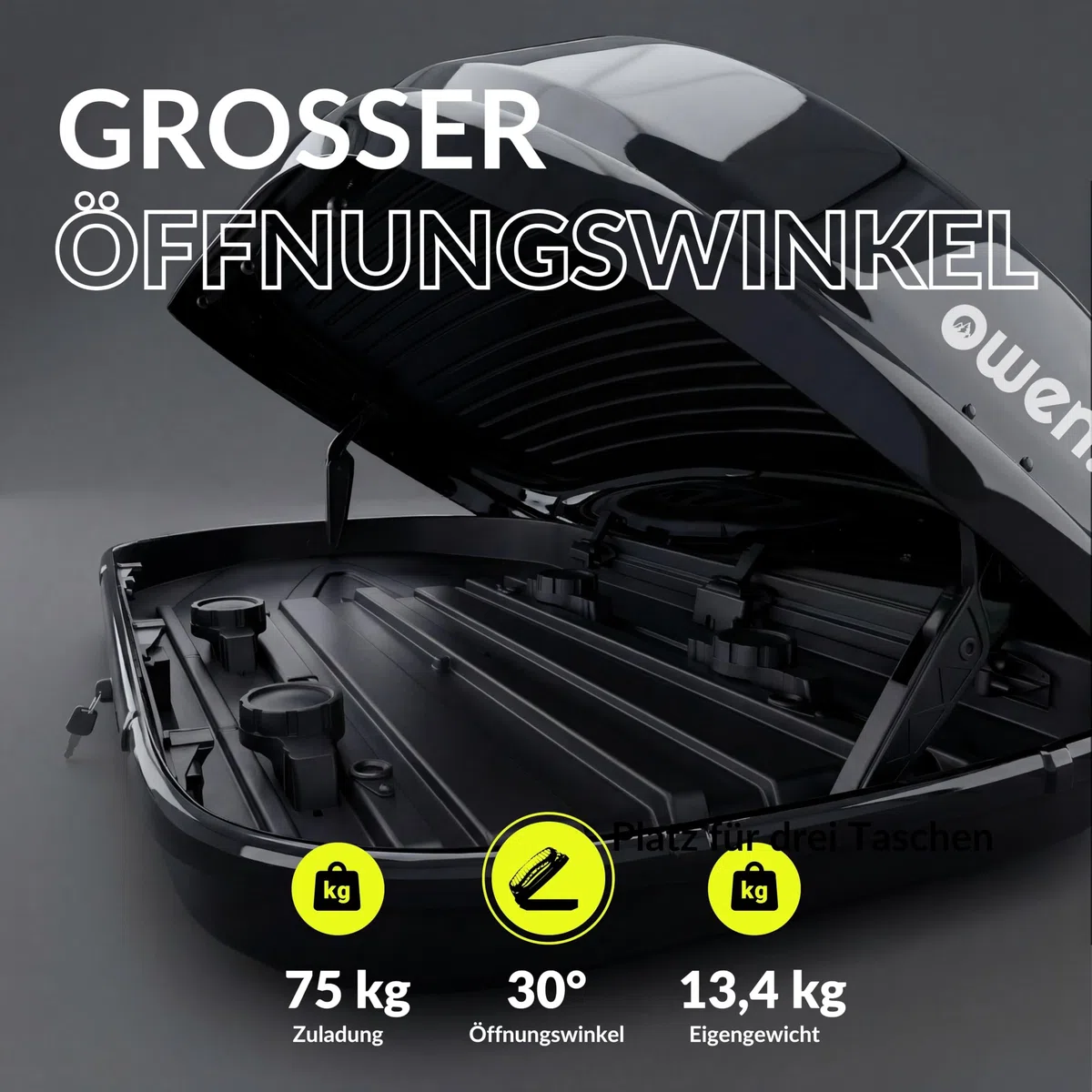 Owen Dachbox Auto 320L | 75kg Zuladung | Premium Hartschale Schwarz Glänzend | Aerodynamische Gepäckbox mit Schnellspanner (Fast Clamp) & Beidseitiger Öffnung | Robustes Material | Abschließbar