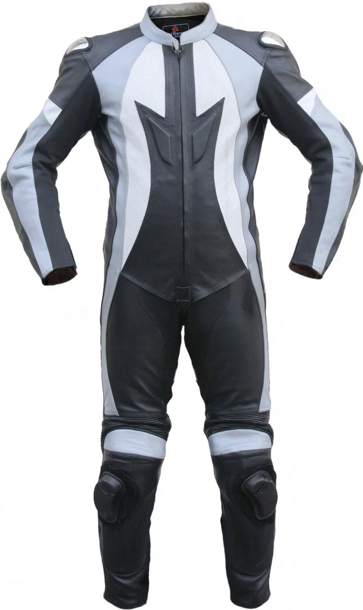 German Wear Motorradkombi Herren Lederkombi Motorrad Rennkombi aus Kalbsleder mit Rückenhöcker Protektoren an Schienbein und Unterarm Knieschleifer Atmungsaktiv Schwarz/Grau/Weiß, Größe:48