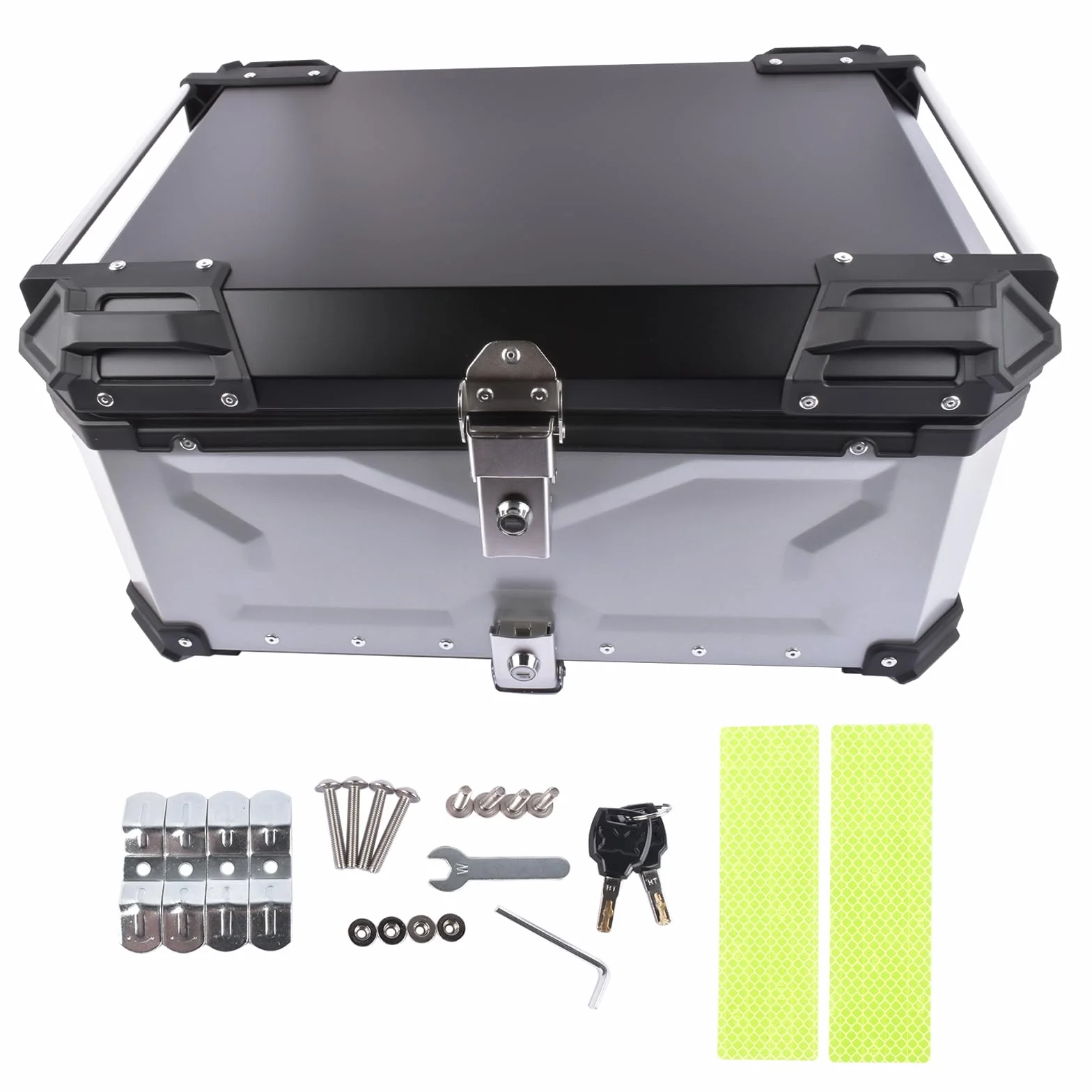 65L Motorrad Topcase, Wasserdicht Motorrad Top Box Topcase Roller Koffer mit Sicherheitsschloss, Motorradkoffer mit InstallierenTrägerplatte (Silber)