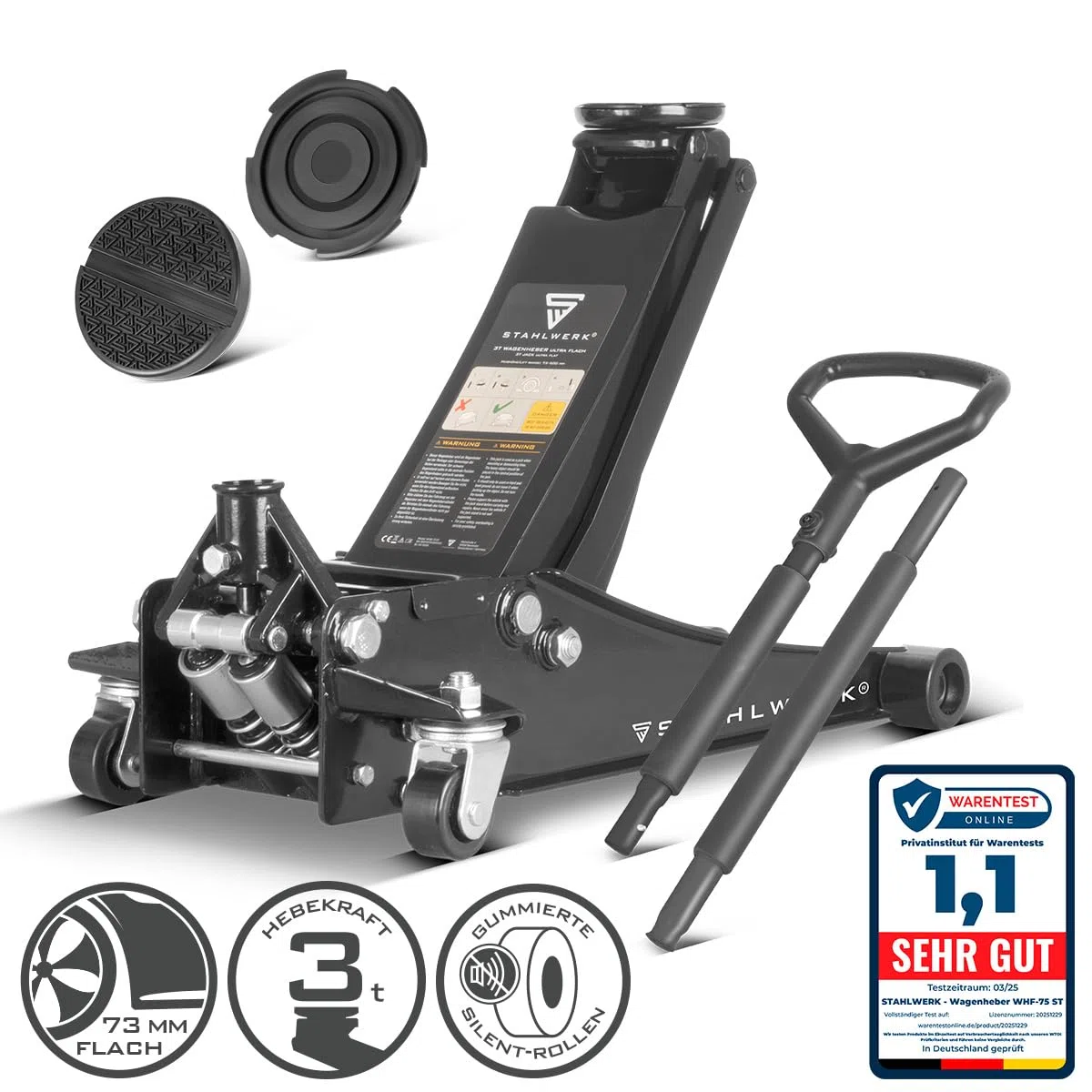 STAHLWERK Hydraulischer Wagenheber mit 3 t Tragkraft – extra flach, 73-500 mm Hubbereich, gummierte Rollen, Doppelhubkolben, Rangierwagenheber, Hydraulik-Wagenheber, schwarzer Autoheber (WHB-73 ST)