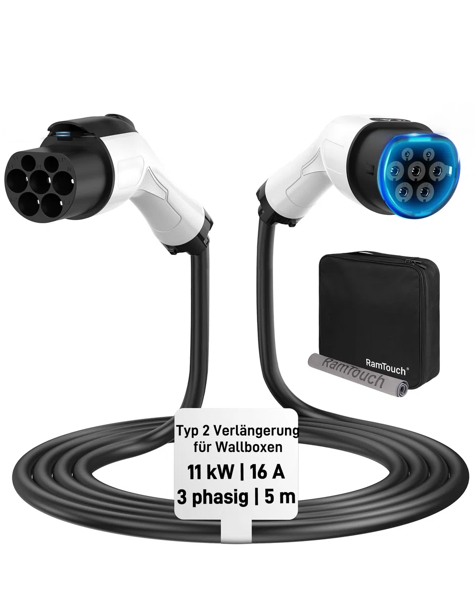 Typ 2 Verlängerungskabel (16 A, 11 kW, 5 m, 3-phasig) - Wallbox-Verlängerungskabel für EV-Ladegeräte, Wallboxen & Ladestationen, Kompatibel mit Elektroautos (EV) & Plug-in-Hybriden (PHEV)