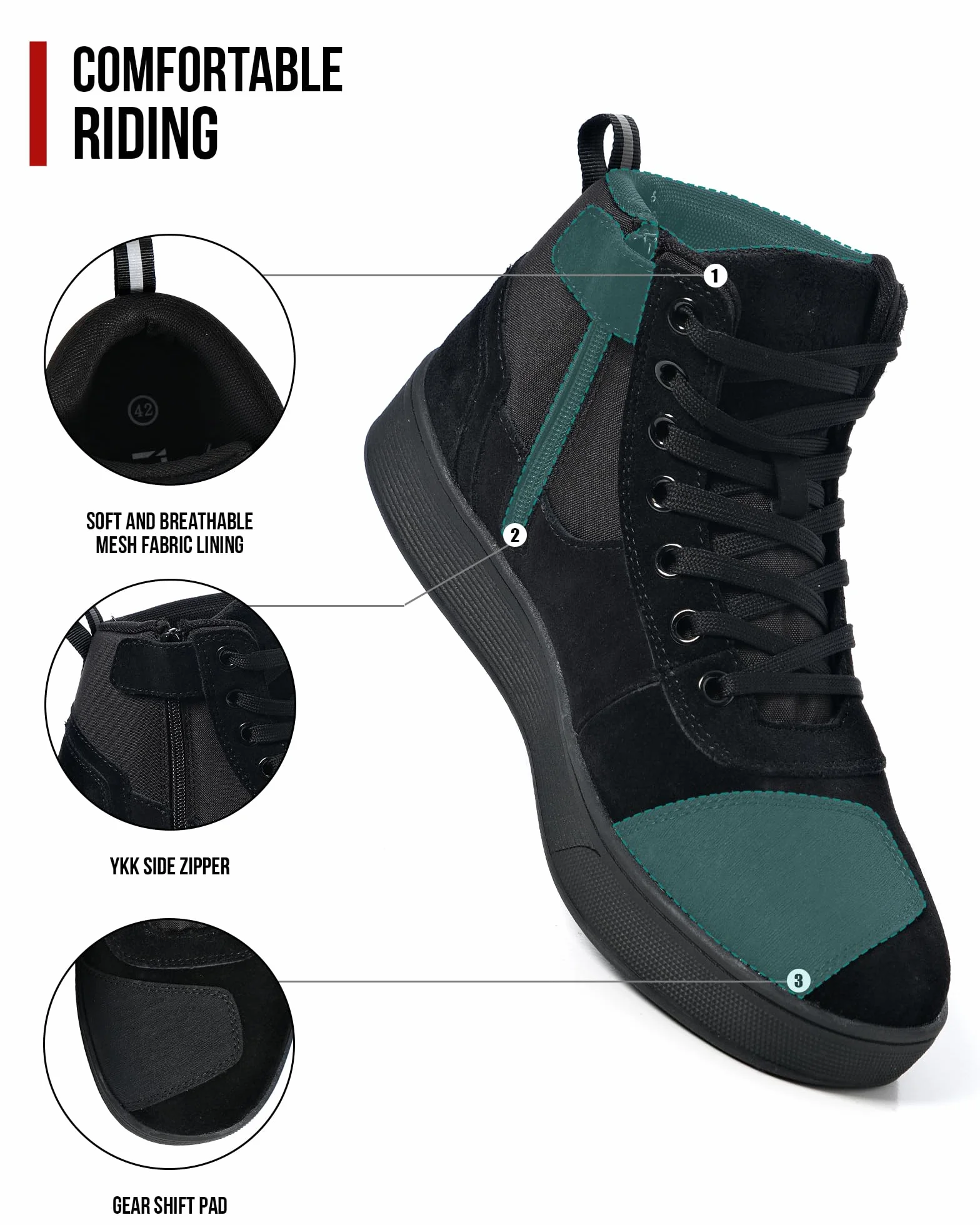 RIDEIRON Motorradschuhe Herren Damen Motorradstiefel CE-geprüft,rutschfeste,verstärkte verdickte Sohle, wasserdicht atmungsaktiv bequem mit seitlichen Reißverschlüssen und Knöchelstütze Schwarz 43
